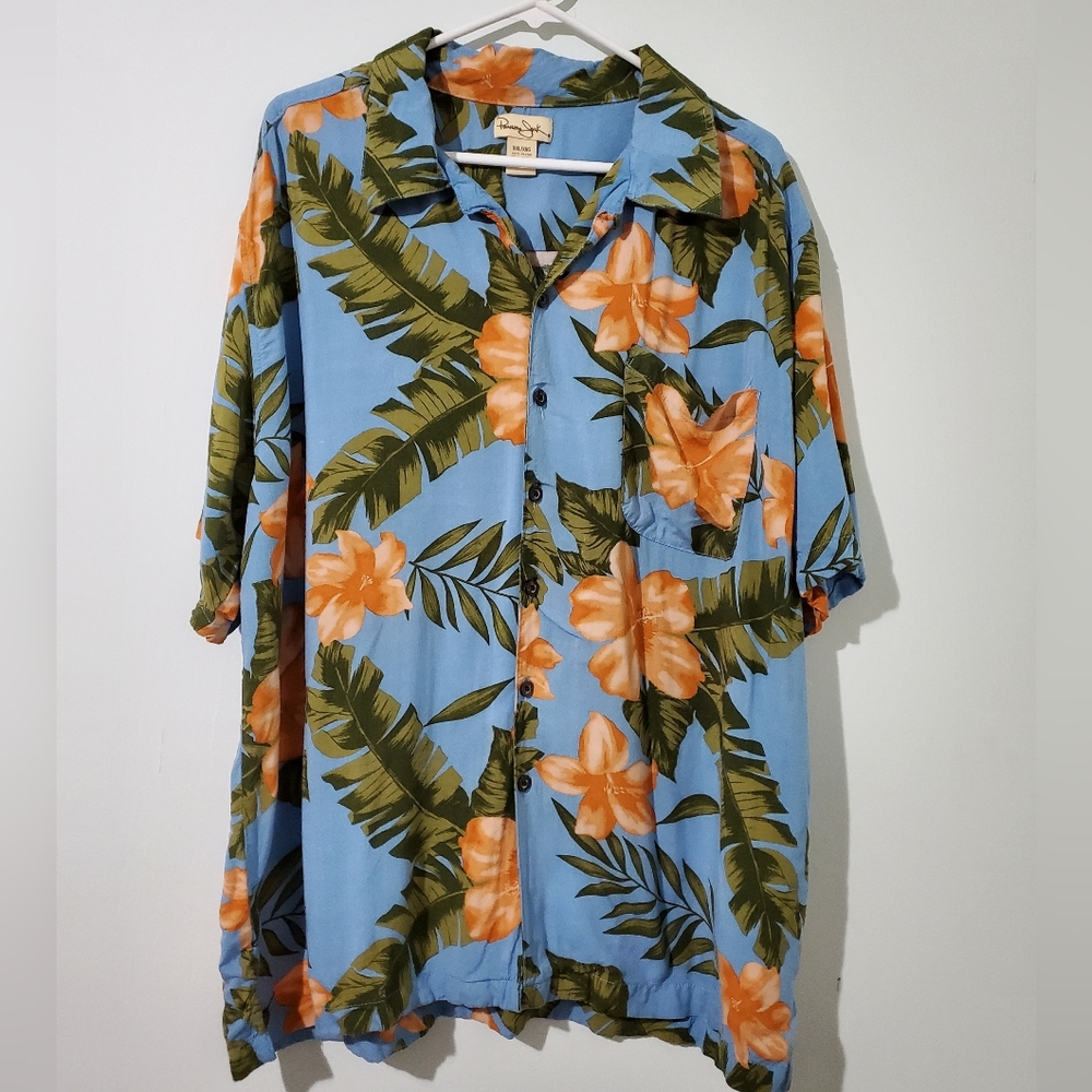 Panama Jack Mens XXL Blue Hawaiian Tropical Hibiscus Floral Rayon Resort Shirt
